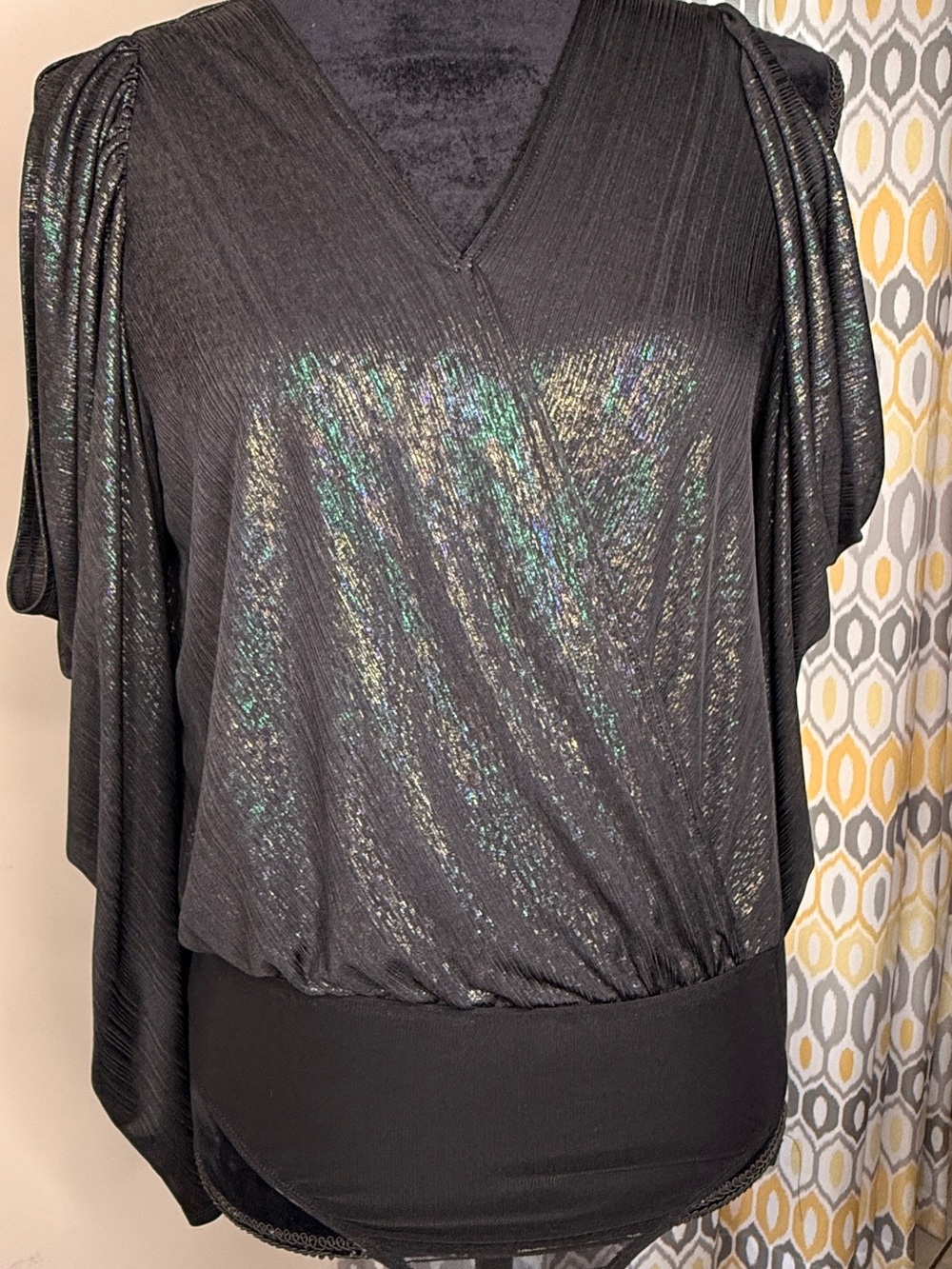 TCEC Black Iridescent V-Neck Draped Bodysuit Size Medium